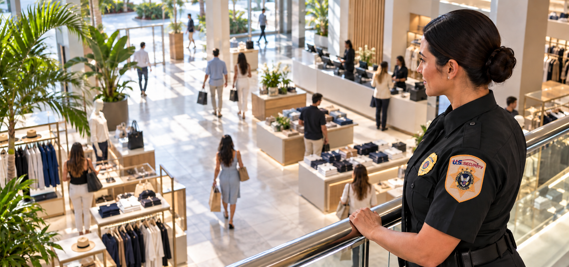 US Security observing a retail checkout and exit zone