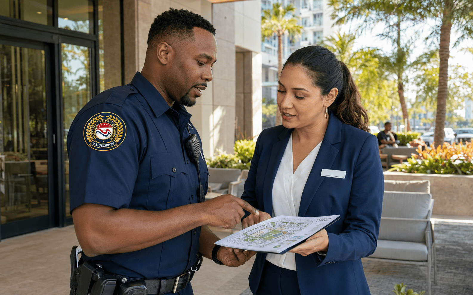 US Security officer speaking with a client at a property