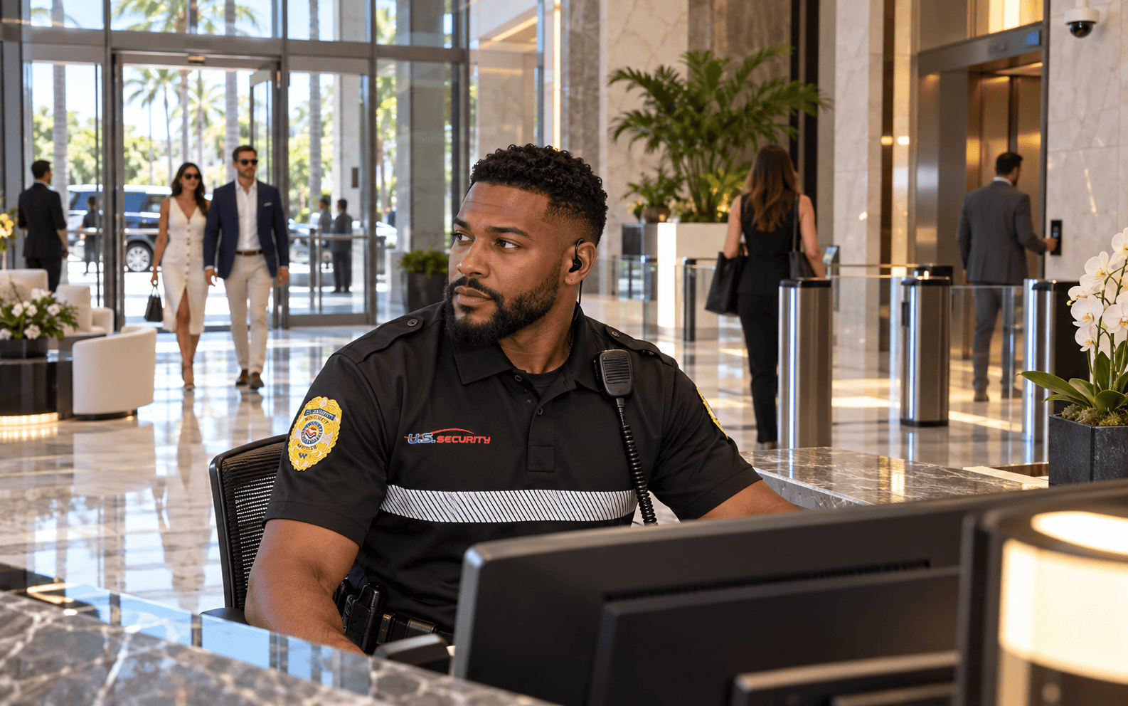 US Security concierge front desk in an upscale property lobby