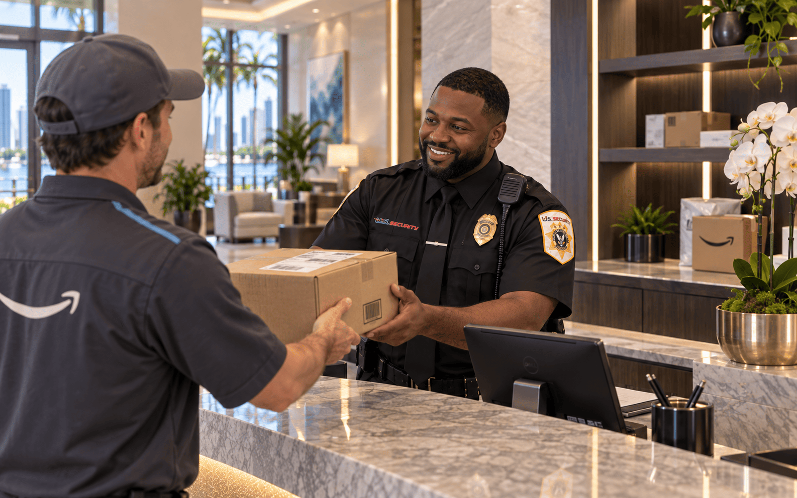 US Security concierge handling packages and deliveries