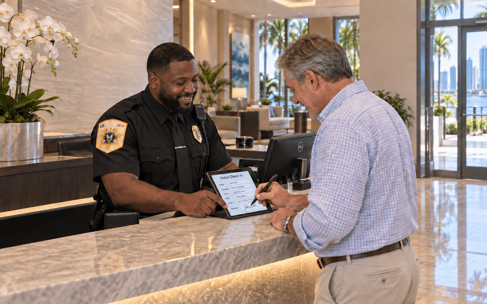 US Security concierge assisting a visitor