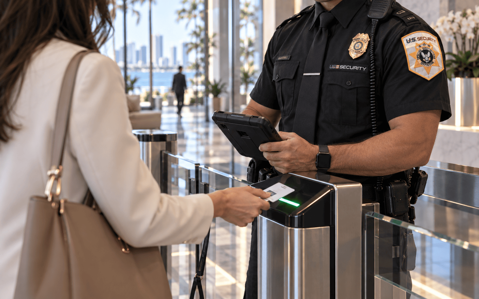 US Security officer verifying access credentials
