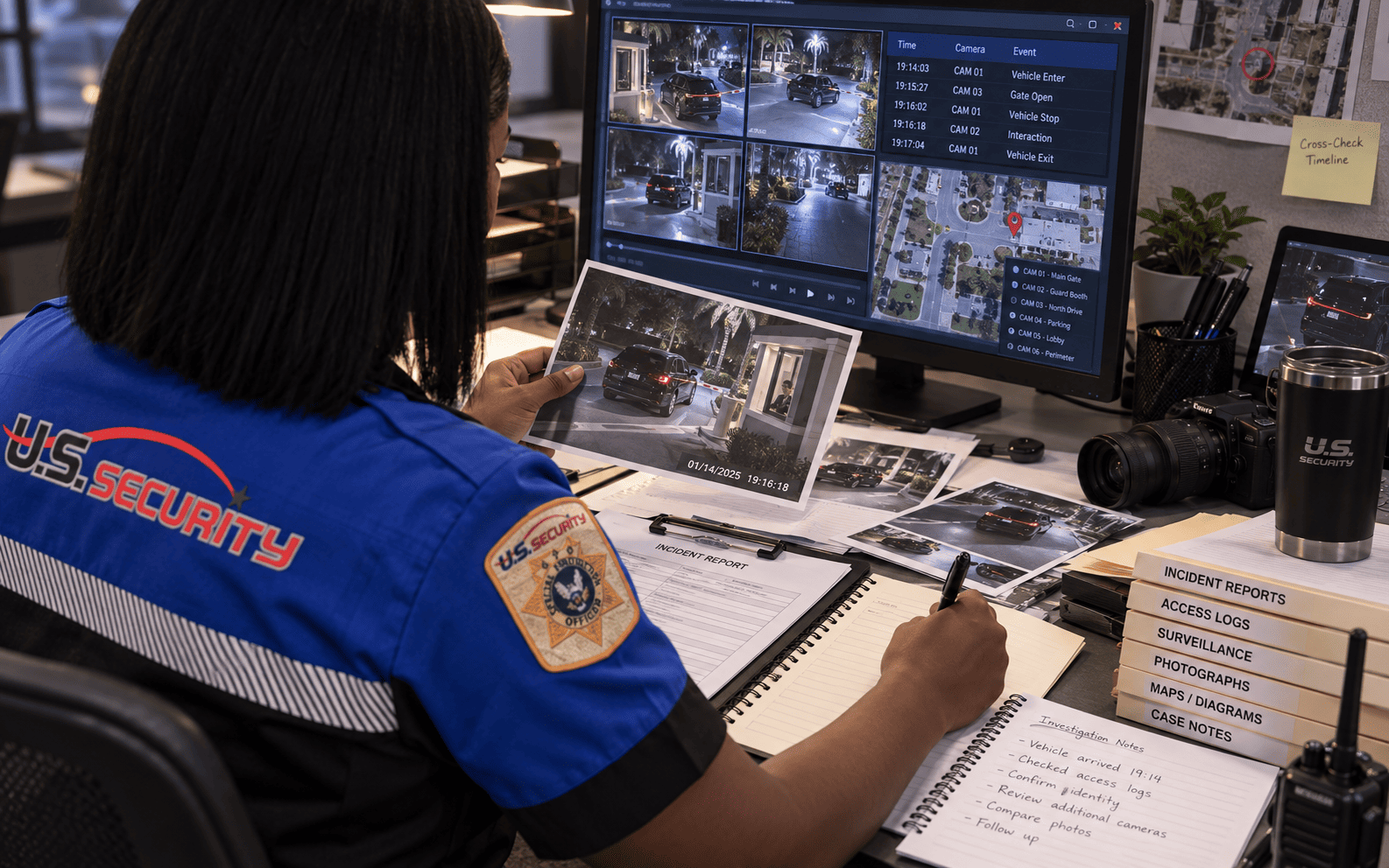 Investigator reviewing reports and records