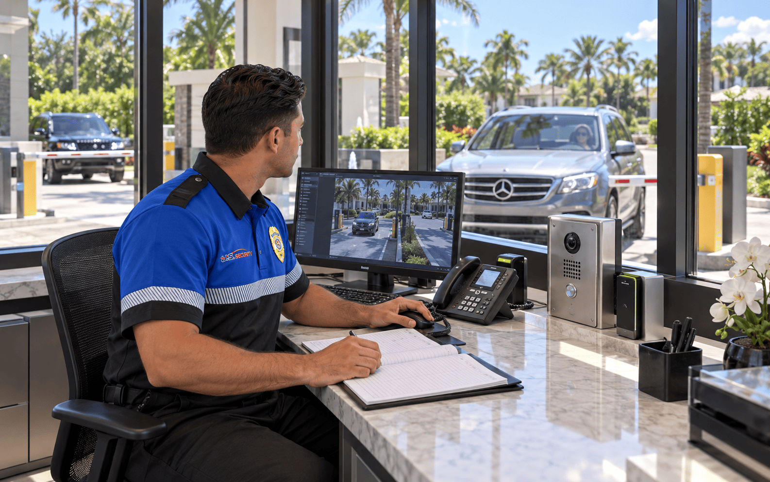 US Security officer working inside a gatehouse