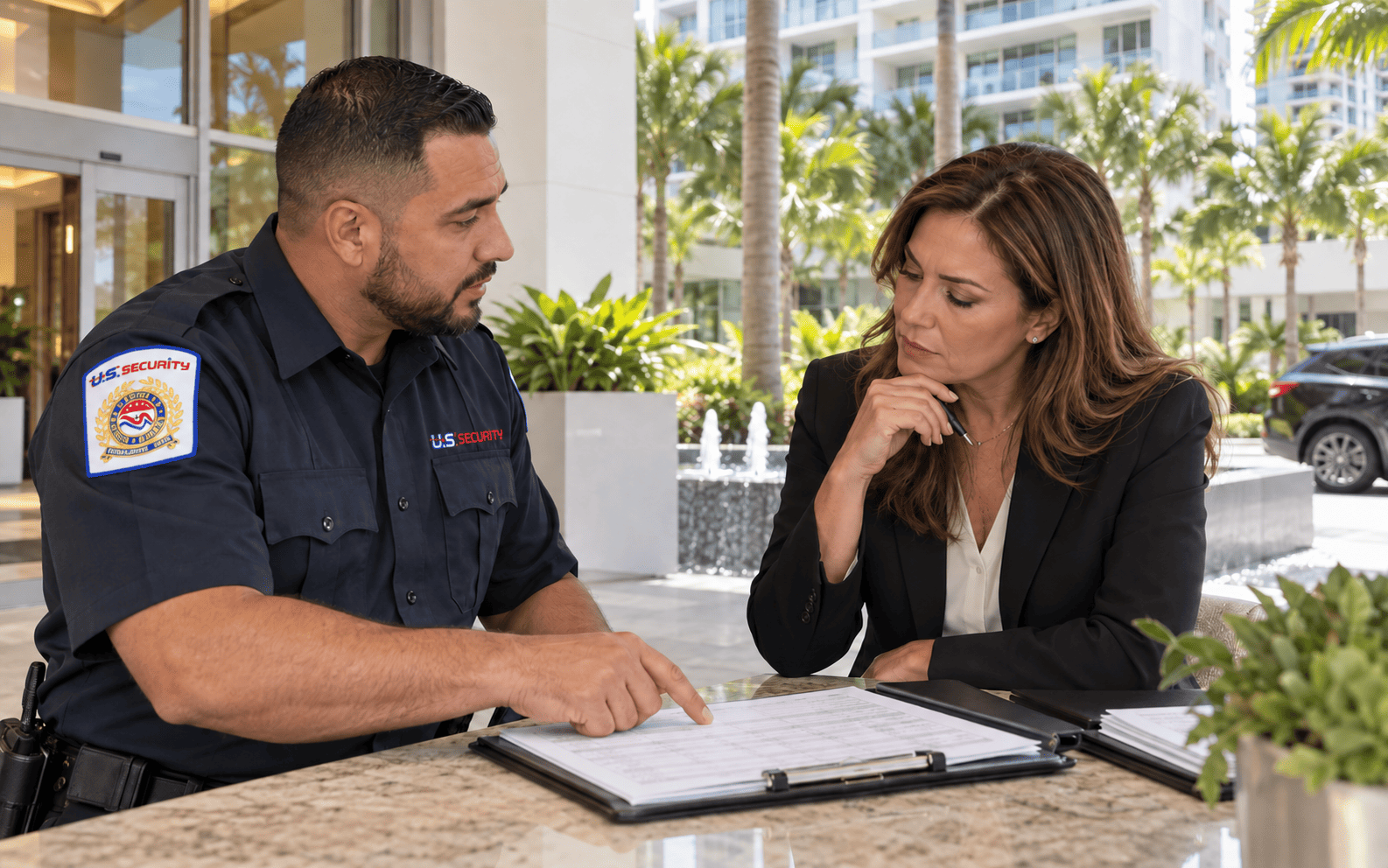 US Security supervisor discussing property security needs with management