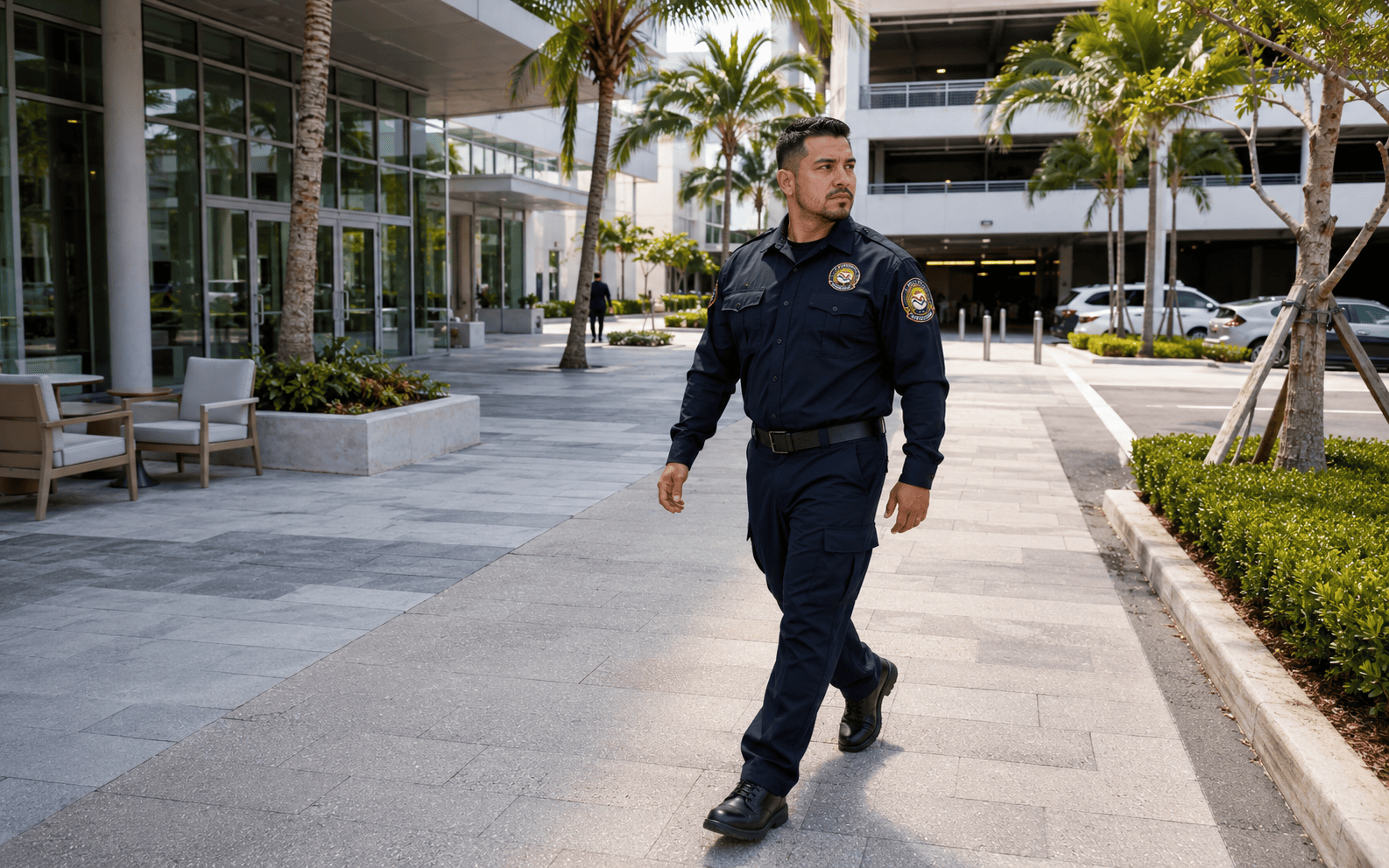 US Security officer conducting a property patrol