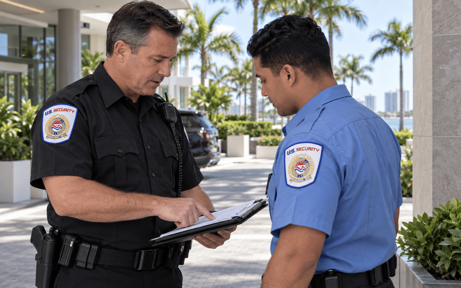 US Security supervisor conducting an on-site quality review