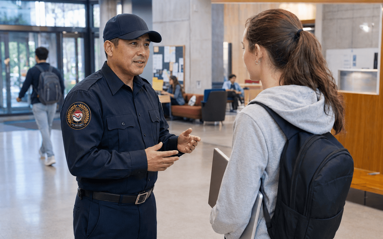 US Security officer interacting professionally with students and staff