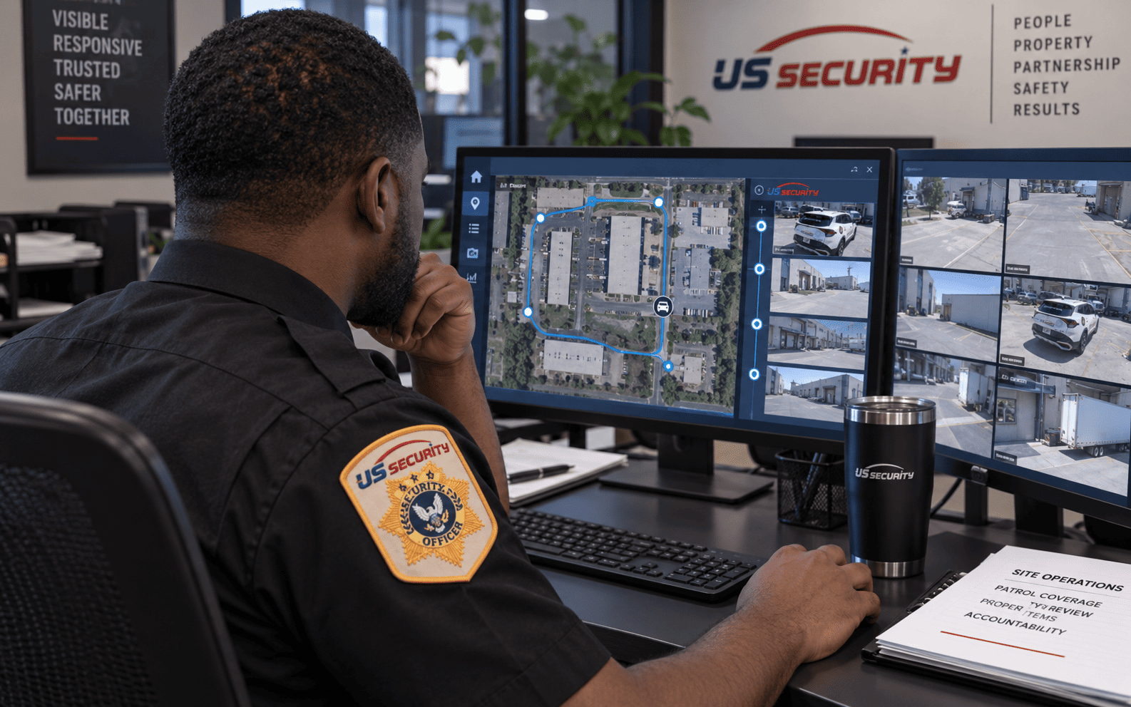 US Security supervisor reviewing patrol coverage