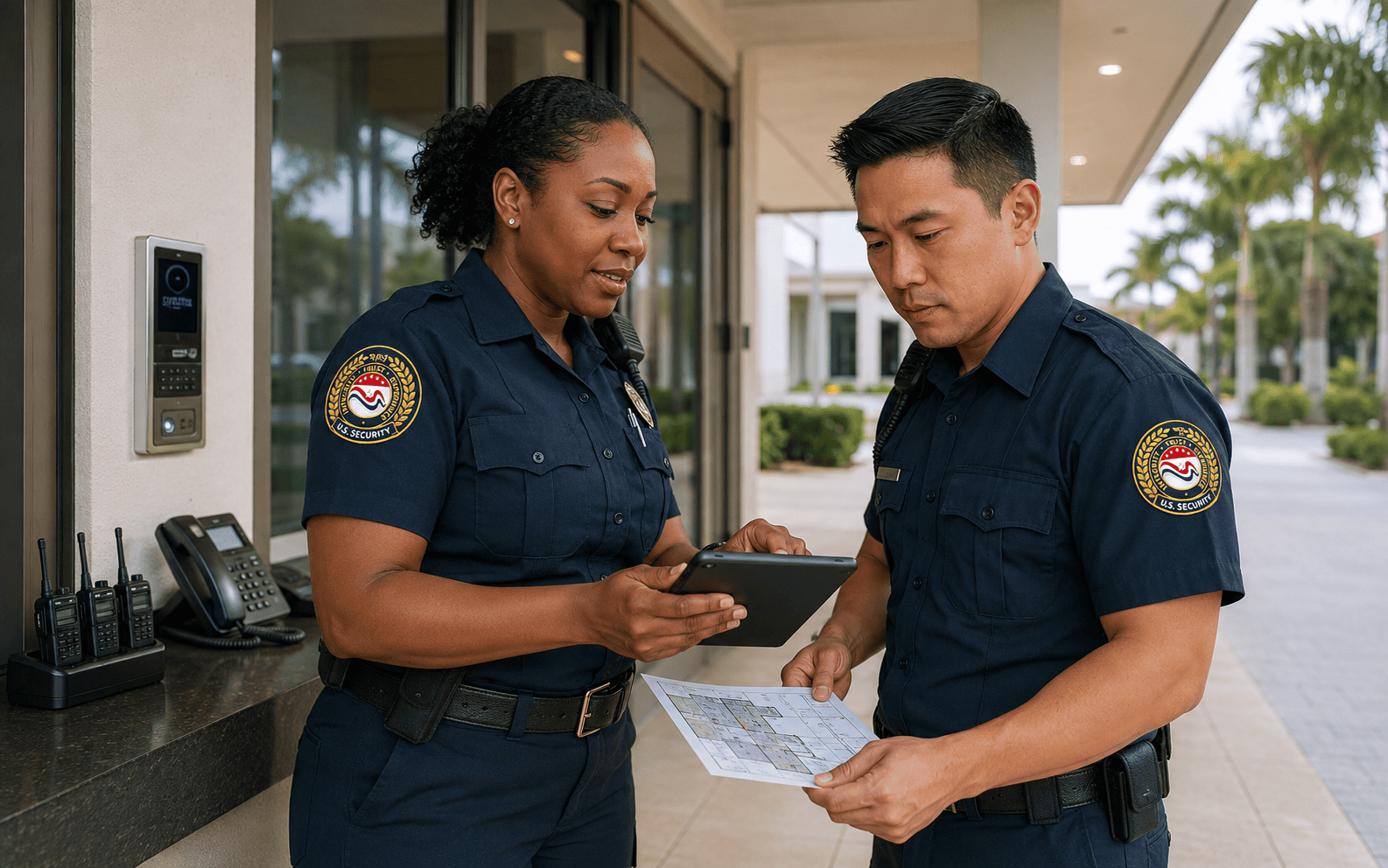 US Security officers coordinating during a shift